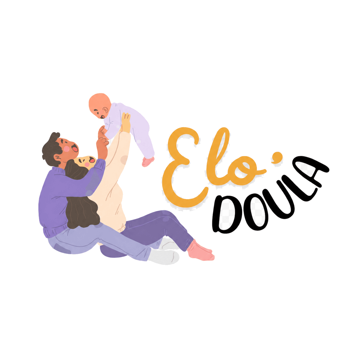 Illustration d’un parent assis soulevant son bébé dans ses bras, avec le logo Elo Doula